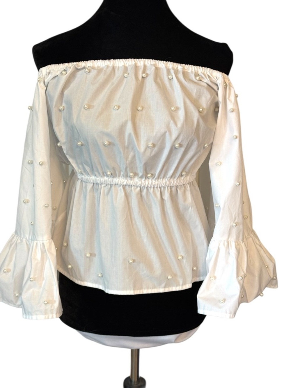 White Pearl Accent Off The Shoulder Top - Picture 5 of 9